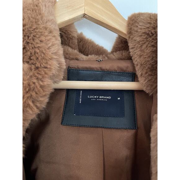 New Lucky Brand Womens Brown Full‎ Zip Drawstring Hem Faux Fur Casual Jacket MED - Picture 4 of 6